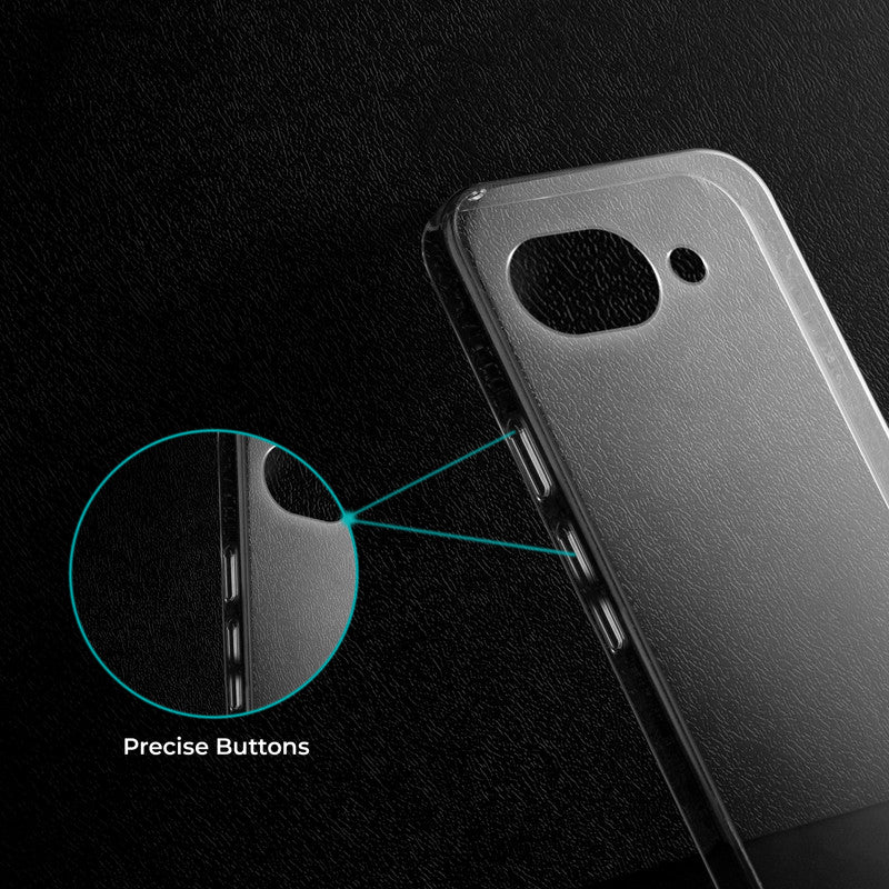 Close-up view of transparent case showing precise button cutouts and responsive side button coverage for Google Pixel 10A 5G