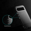 Close-up view of transparent case showing precise button cutouts and responsive side button coverage for Google Pixel 11 Pro 5G