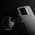 Close-up view of transparent case showing precise button cutouts and responsive side button coverage for Motorola Moto Edge 60 Stylus 5G