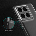 Close-up view of transparent case showing precise button cutouts and responsive side button coverage for Motorola Signature