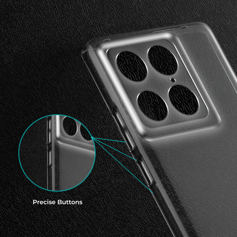 Close-up view of transparent case showing precise button cutouts and responsive side button coverage for Motorola Signature