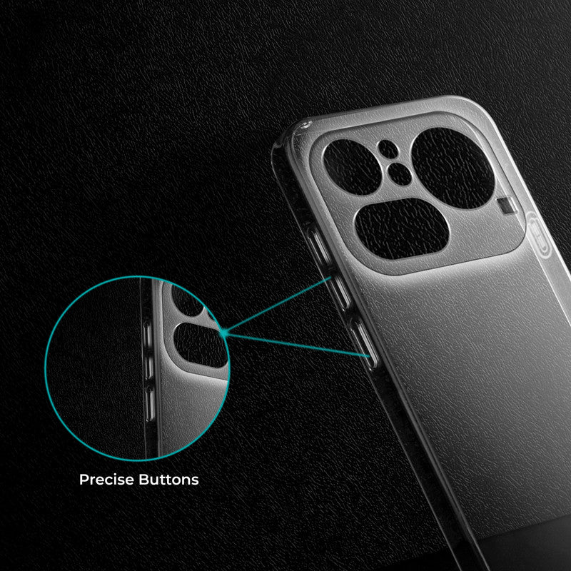 Close-up view of transparent case showing precise button cutouts and responsive side button coverage for Nothing Phone 4A Pro 5G