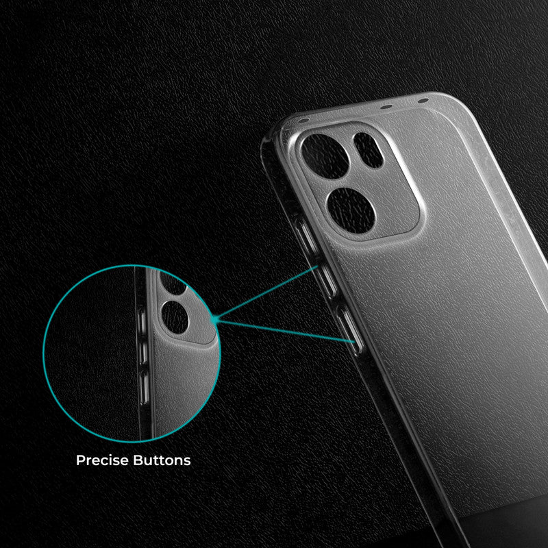 Close-up view of transparent case showing precise button cutouts and responsive side button coverage for OnePlus Nord CE 6 5G