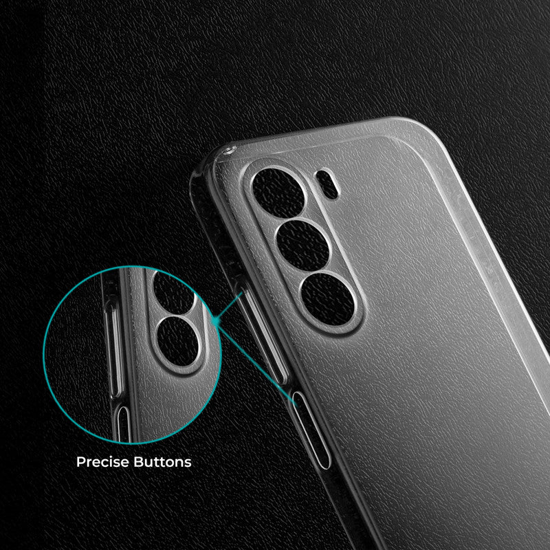 Close-up view of transparent case showing precise button cutouts and responsive side button coverage for OnePlus Nord CE 6 Lite 5G
