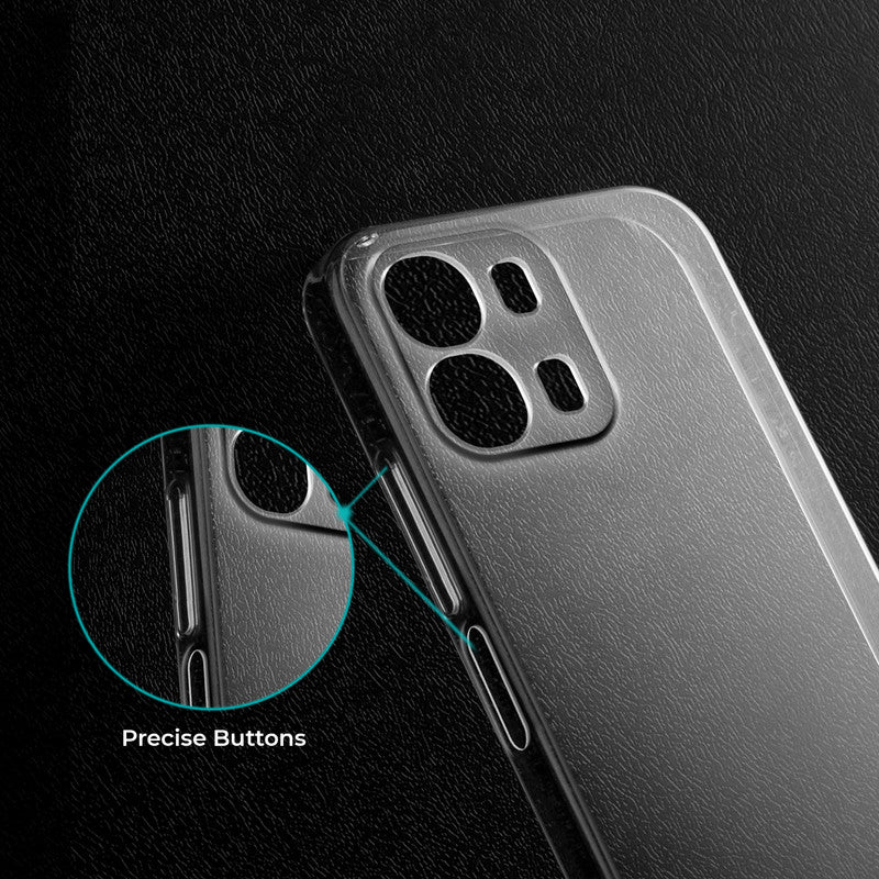 Close-up view of transparent case showing precise button cutouts and responsive side button coverage for Oppo A6 Pro 5G