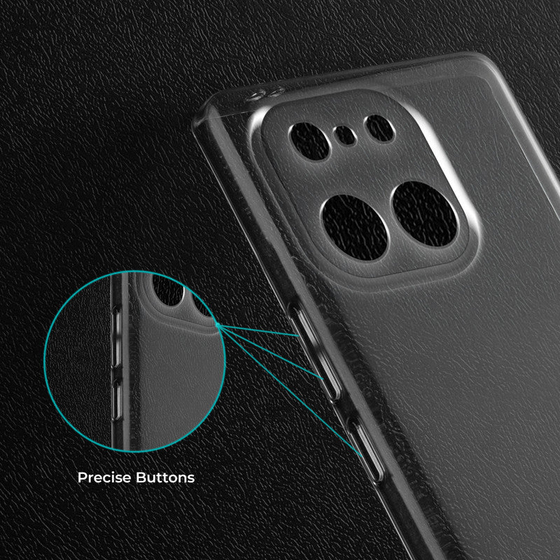 Close-up view of transparent case showing precise button cutouts and responsive side button coverage for Realme 16 Pro 5G