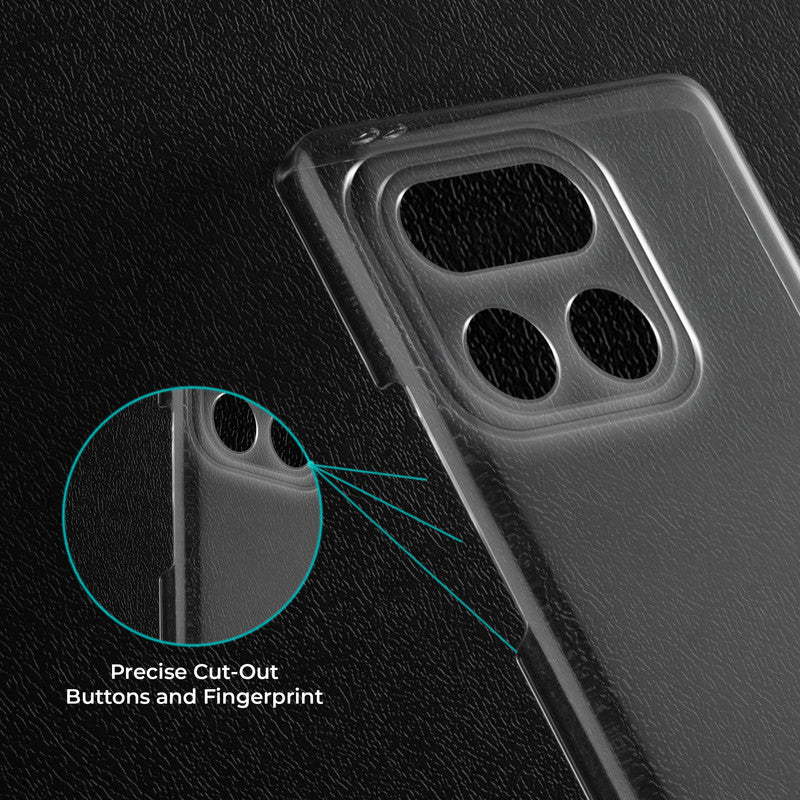 Close-up view of transparent case showing precise button cutouts and responsive side button coverage for Realme 16 Pro Plus 5G