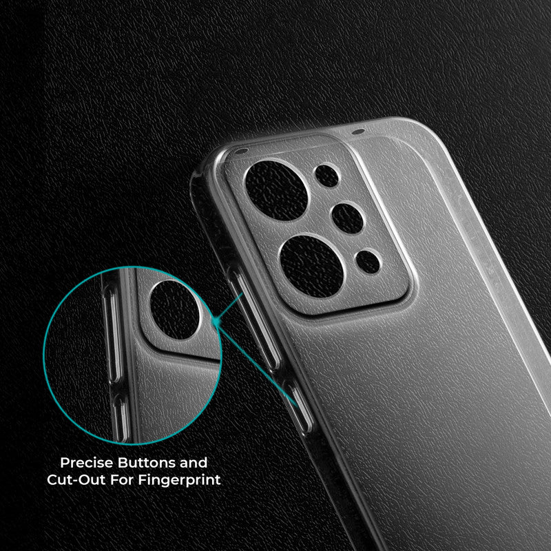 Close-up view of transparent case showing precise button cutouts and responsive side button coverage for Realme P4 Power 5G