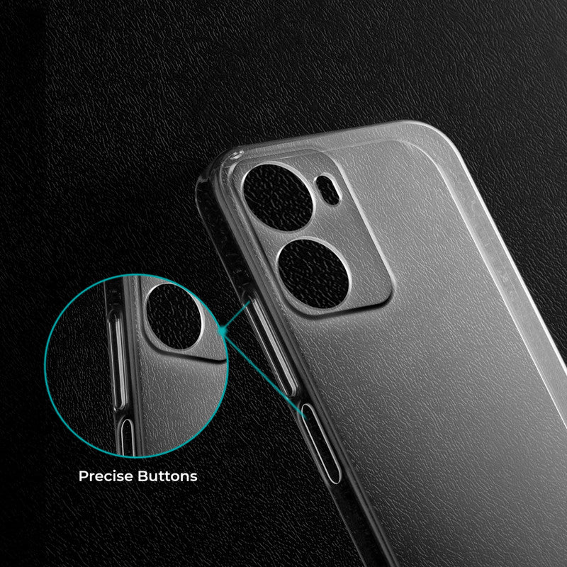 Close-up view of transparent case showing precise button cutouts and responsive side button coverage for Redmi 15A 5G 5G