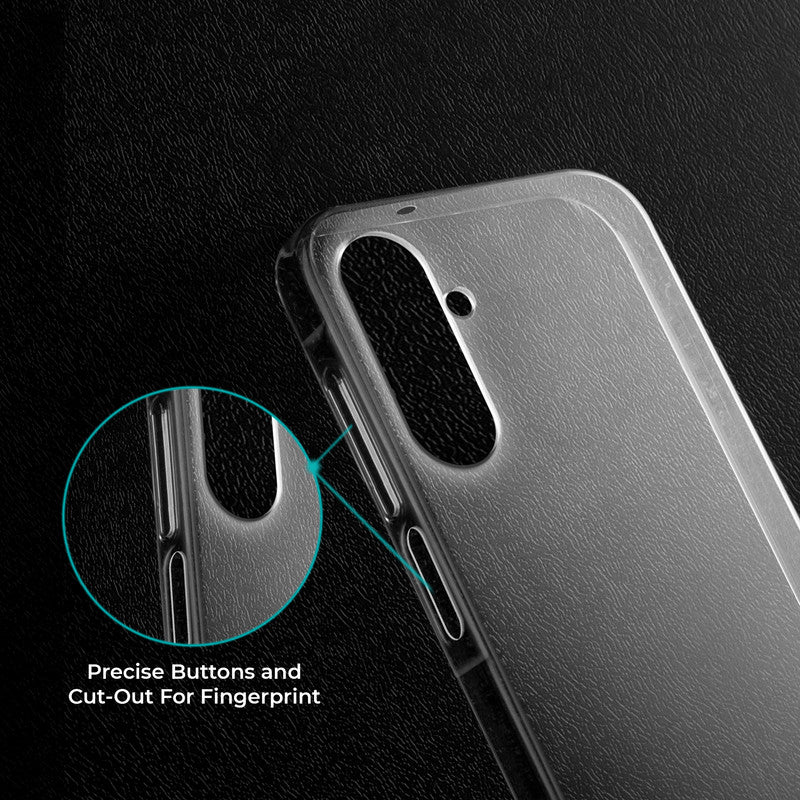 Close-up view of transparent case showing precise button cutouts and responsive side button coverage for Samsung M47 5G