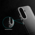 Close-up view of transparent case showing precise button cutouts and responsive side button coverage for Samsung S26 Plus 5G