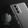 Close-up view of transparent case showing precise button cutouts and responsive side button coverage for Vivo V23e 5G