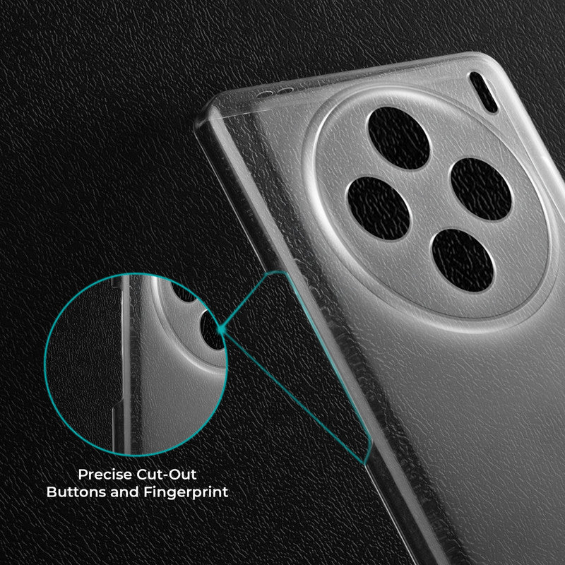 Close-up view of transparent case showing precise button cutouts and responsive side button coverage for Vivo X100 5G