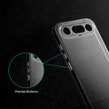 Close-up view of transparent case showing precise button cutouts and responsive side button coverage for Vivo X300 FE 5G
