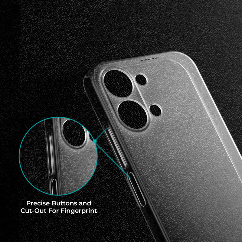 Close-up view of transparent case showing precise button cutouts and responsive side button coverage for Vivo Y11 5G