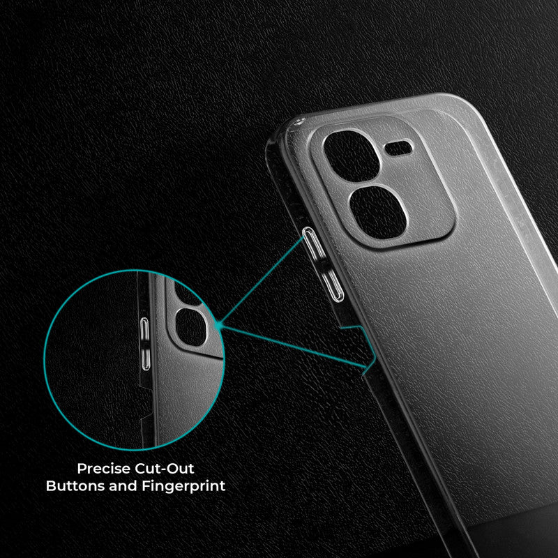 Close-up view of transparent case showing precise button cutouts and responsive side button coverage for iQOO Z9x 5G