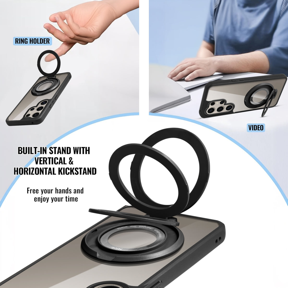 Soft Frame Clear Case Ring Holder Kickstand Case For Samsung S24 Ultra 5G