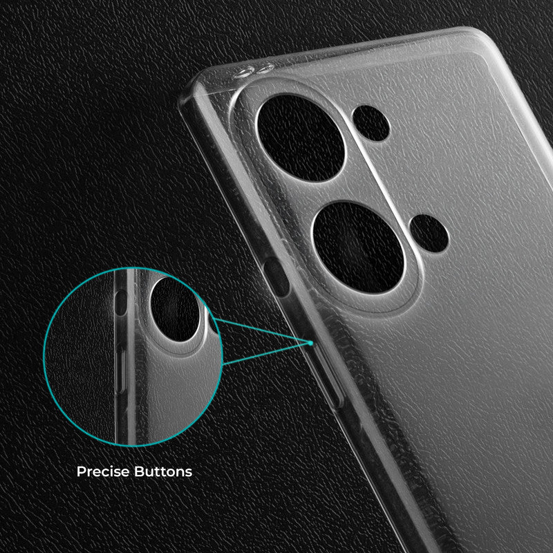 Close-up view of transparent case showing precise button cutouts and responsive side button coverage for OnePlus Nord 3 5G