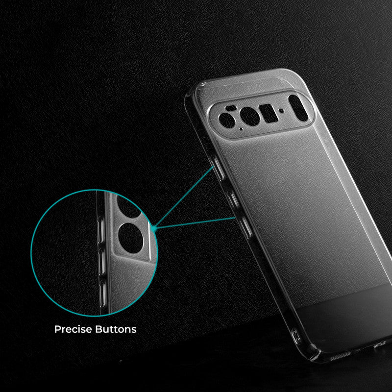 Close-up view of transparent case showing precise button cutouts and responsive side button coverage for Google Pixel 10 Pro XL 5G