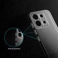Close-up view of transparent case showing precise button cutouts and responsive side button coverage for Redmi Note 13 Pro 5G