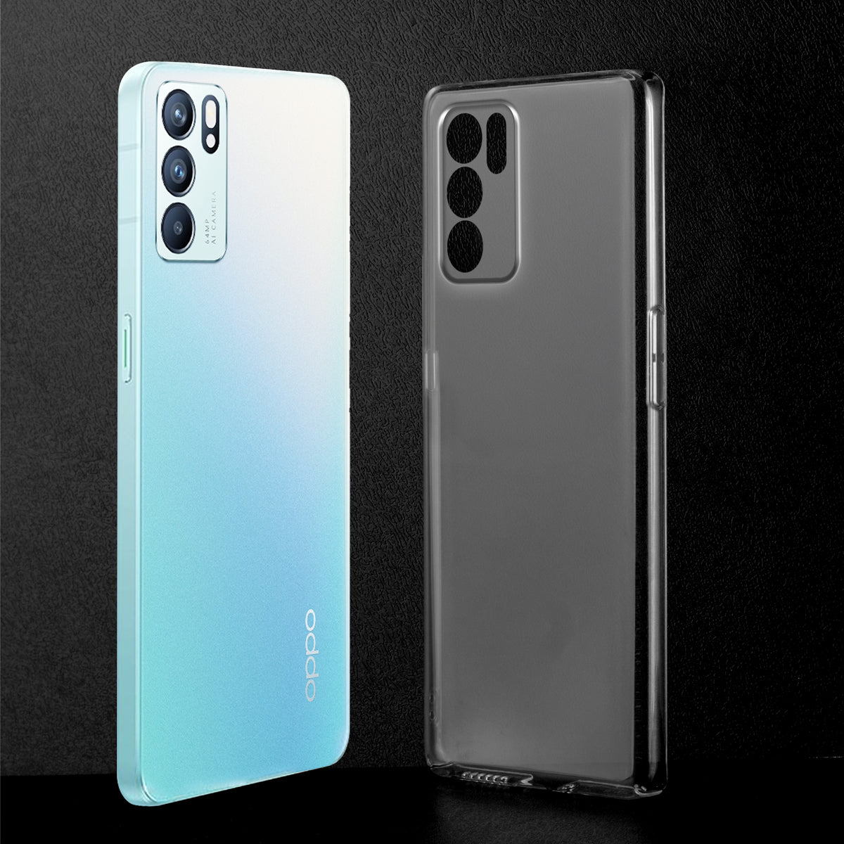 Crystal clear anti-yellow hard back case for Oppo Reno 6 5G placed on surface showing slim profile and precise camera cutouts