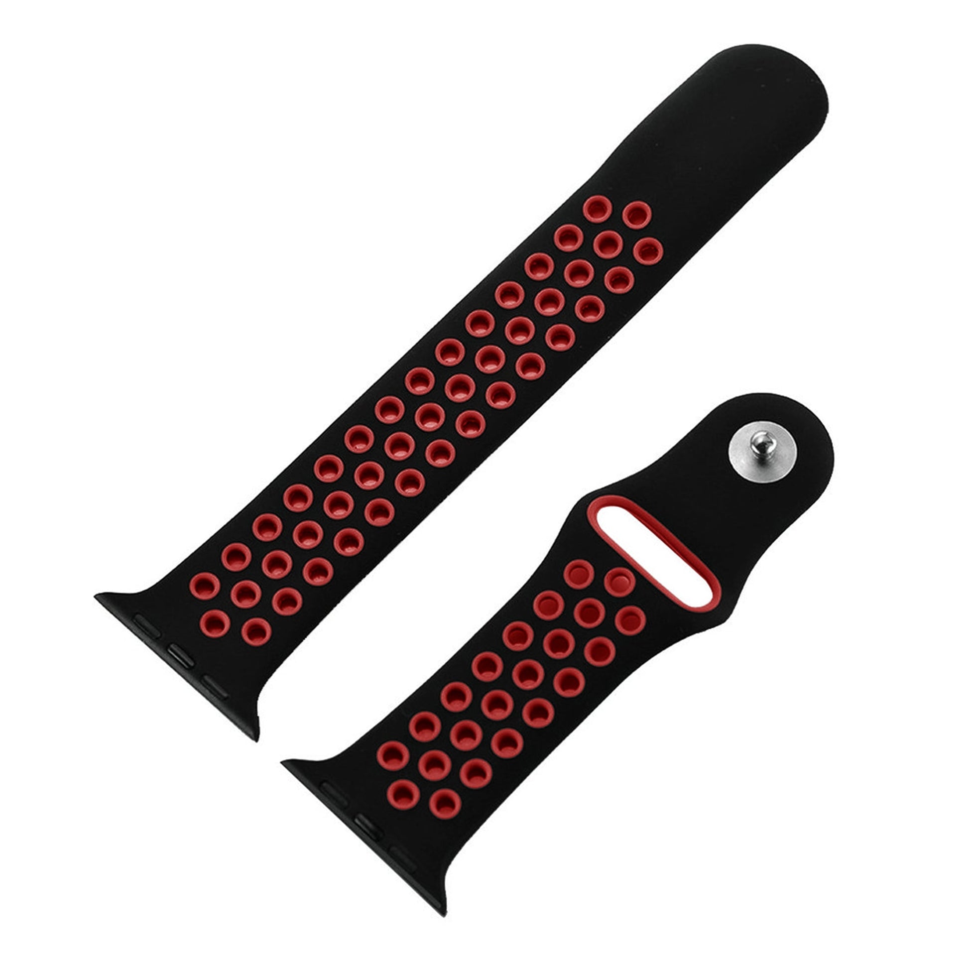 Dual tone silicone Apple Watch strap in Nevy blue and White, size 42mm, shown in detached parts view