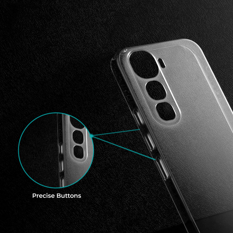 Close-up view of transparent case showing precise button cutouts and responsive side button coverage for Vivo Y400 5G