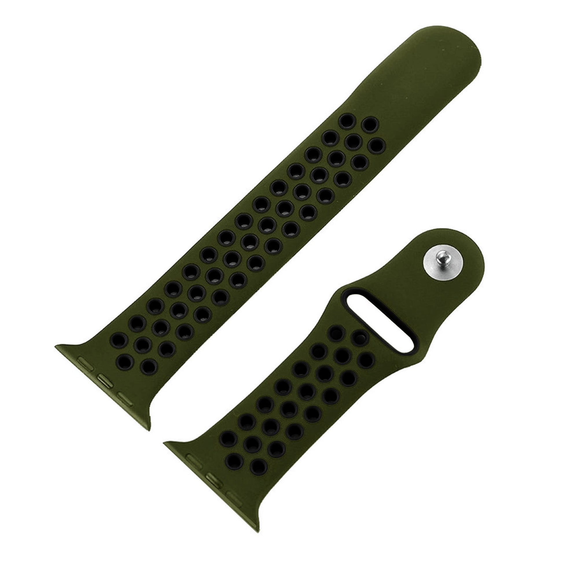 Dual tone silicone Apple Watch strap in Green and Black, size 42mm, shown in detached parts view
