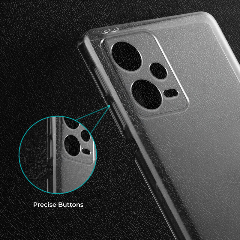 Close-up view of transparent case showing precise button cutouts and responsive side button coverage for Redmi Note 12 Pro 5G