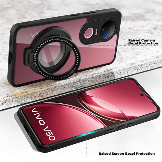 Transparent Back Cover with Silicone frame Matte Ring Holder Kickstand Case For Vivo V50 5G