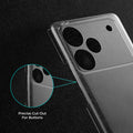 Close-up view of transparent case showing precise button cutouts and responsive side button coverage for Realme P4 Pro 5G