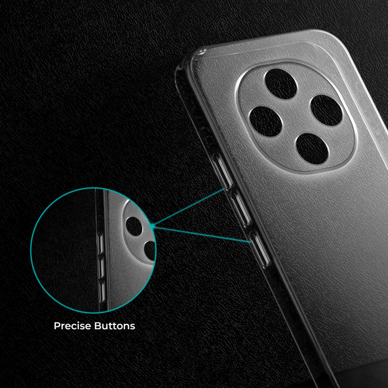 Close-up view of transparent case showing precise button cutouts and responsive side button coverage for Oppo F31 Pro 5G