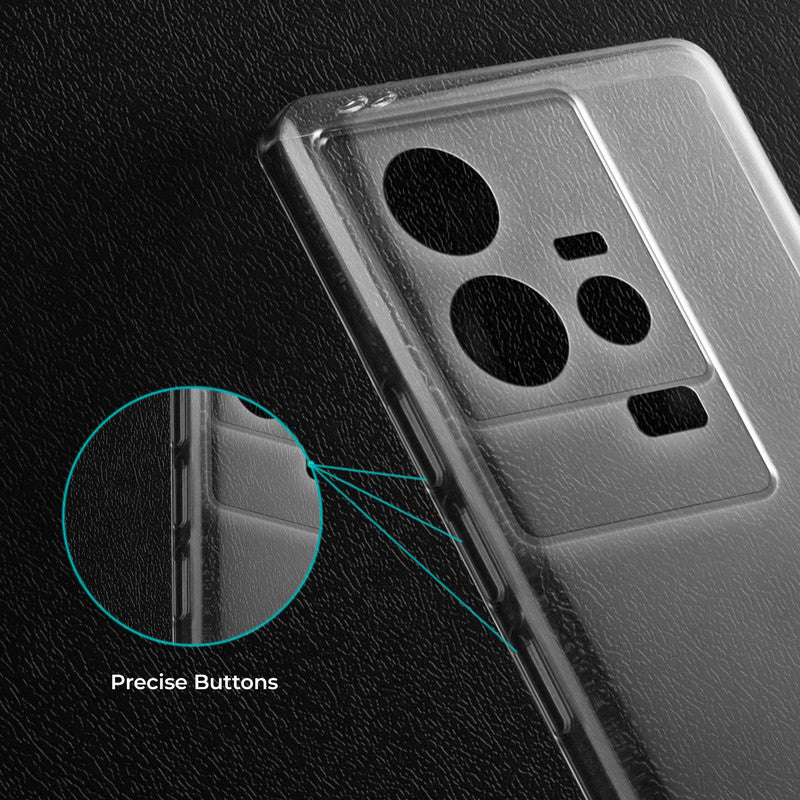 Close-up view of transparent case showing precise button cutouts and responsive side button coverage for iQOO 11 5G