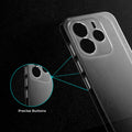 Close-up view of transparent case showing precise button cutouts and responsive side button coverage for Redmi Note 14 5G