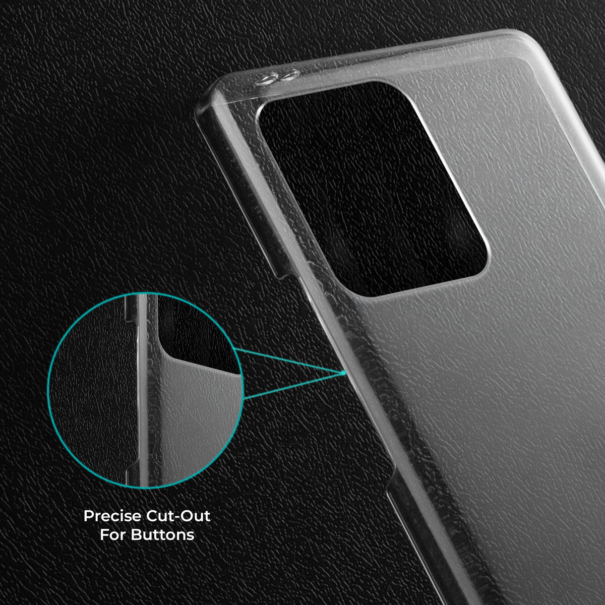 Close-up view of transparent case showing precise button cutouts and responsive side button coverage for Motorola Moto Edge 40 5G