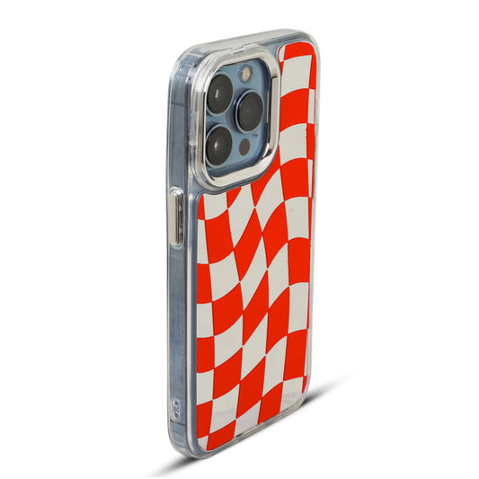 Mirror Checkered Pattern Back Cover with a Fur Pop Socket for Apple iPhone 15 Plus