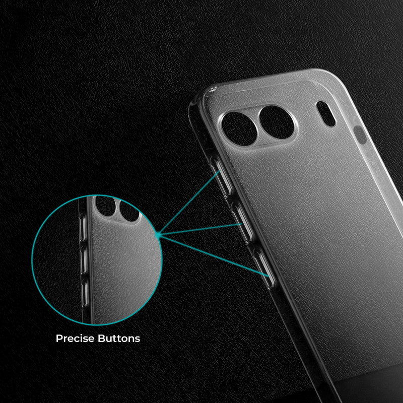 Close-up view of transparent case showing precise button cutouts and responsive side button coverage for OnePlus Nord 4 5G