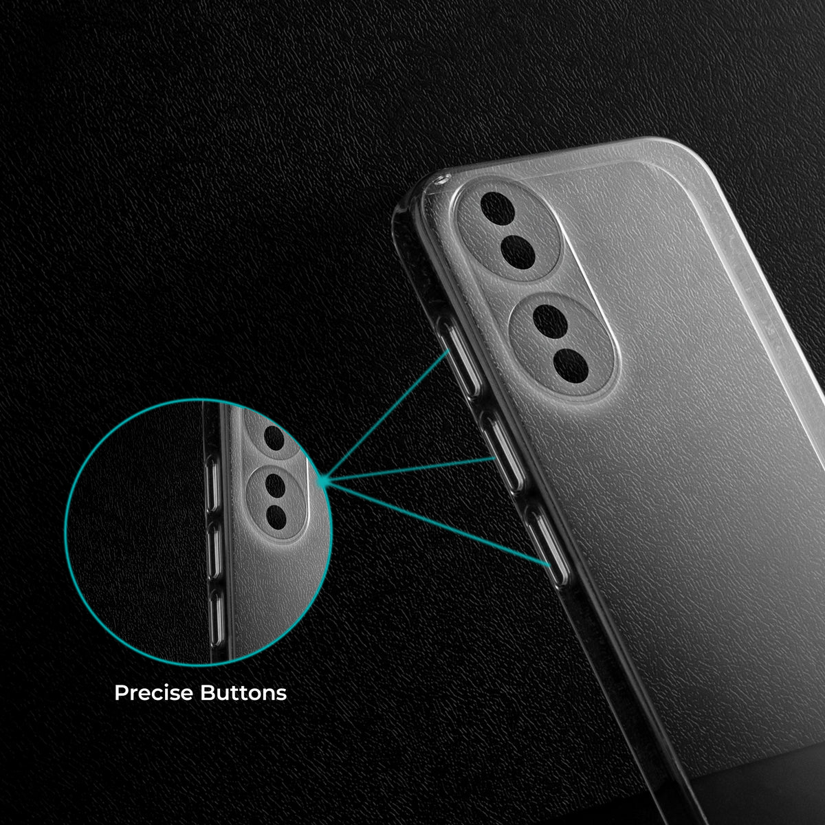 Close-up view of transparent case showing precise button cutouts and responsive side button coverage for Vivo T2 5G