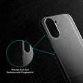 Close-up view of transparent case showing precise button cutouts and responsive side button coverage for Samsung A07 5G