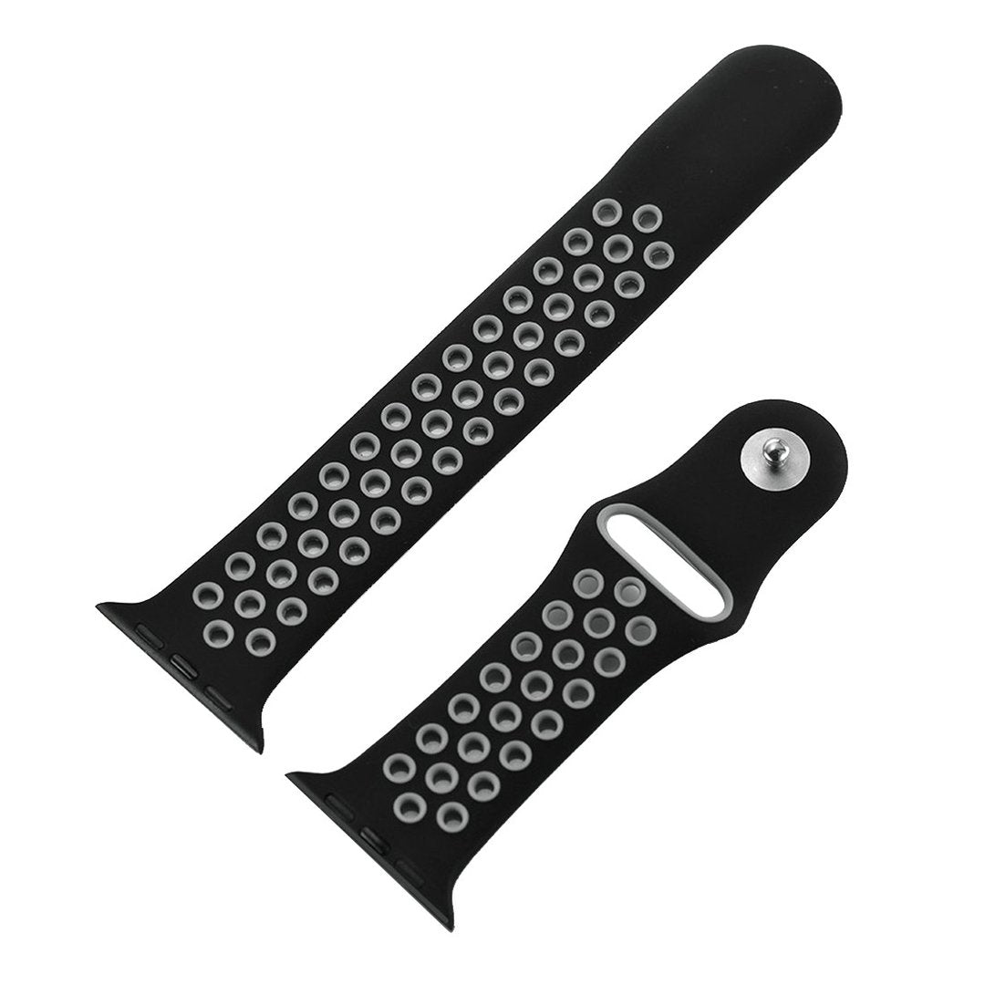 Dual tone silicone Apple Watch strap in Black and Grey, size 42mm, shown in detached parts view