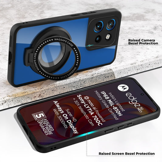 Transparent Back Cover with Silicone frame Matte Ring Holder Kickstand Case For Motorola Moto Edge 50 Neo 5G