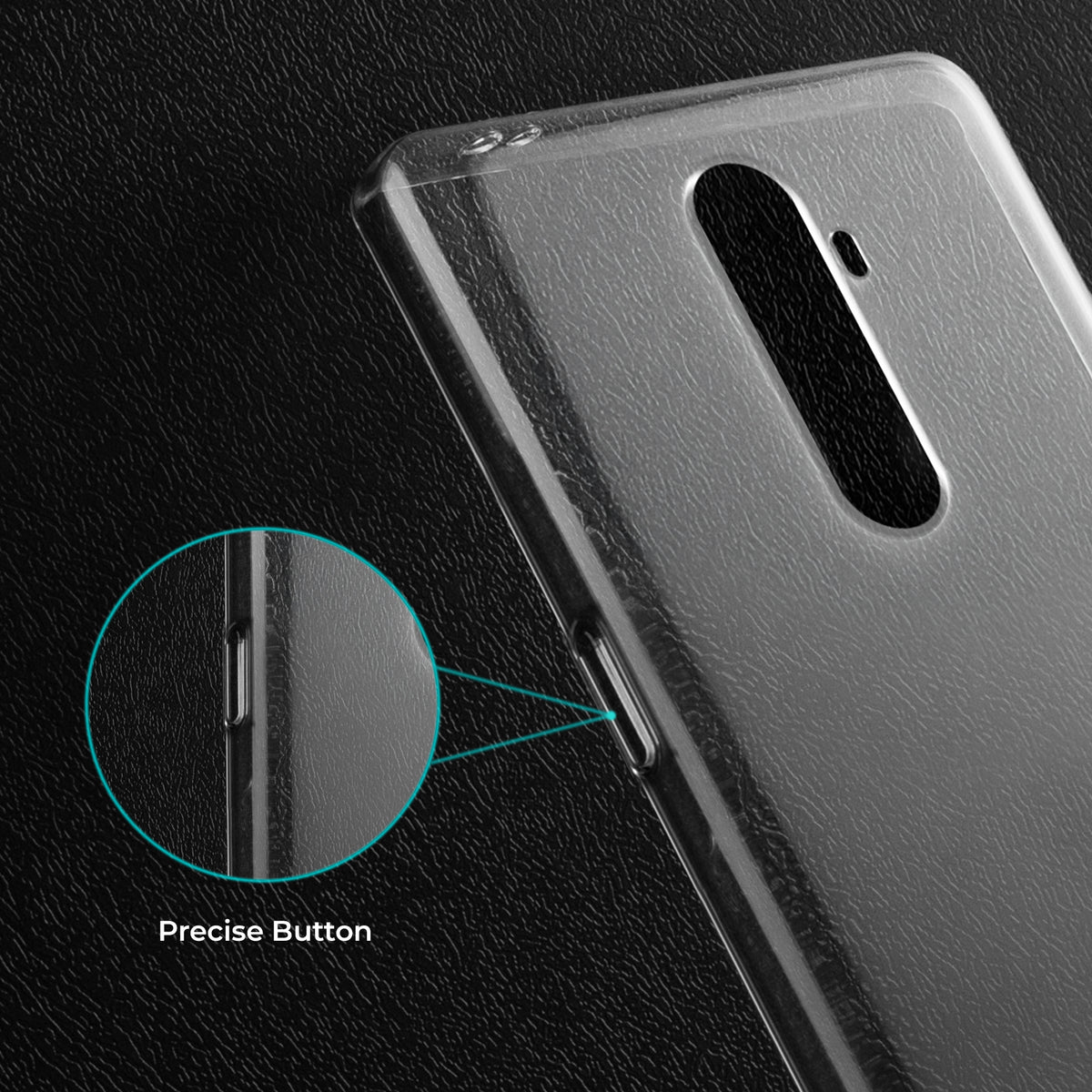 Close-up view of transparent case showing precise button cutouts and responsive side button coverage for Realme X2 Pro