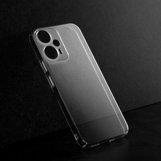 Crystal clear anti-yellow hard back case for Poco F5 5G placed on surface showing slim profile and precise camera cutouts