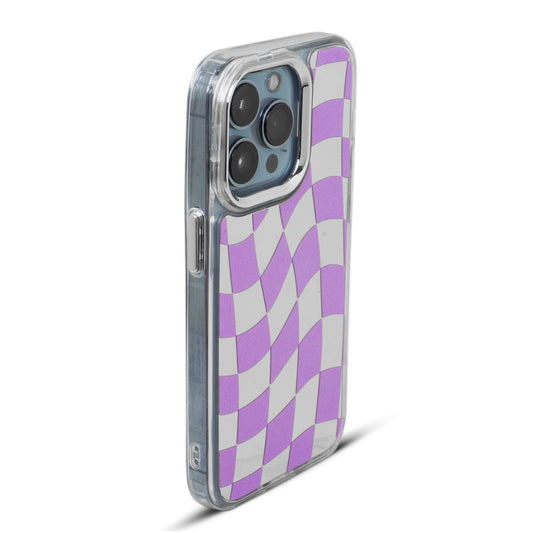 Mirror Checkered Pattern Back Cover with a Fur Pop Socket for Apple iPhone 15 Plus