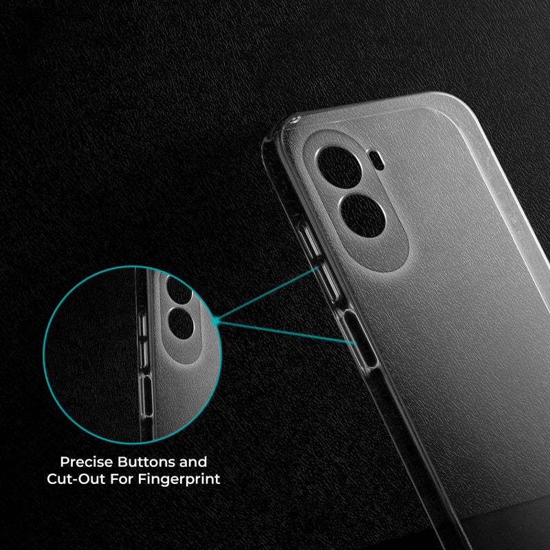 Close-up view of transparent case showing precise button cutouts and responsive side button coverage for Poco M7 Plus 5G