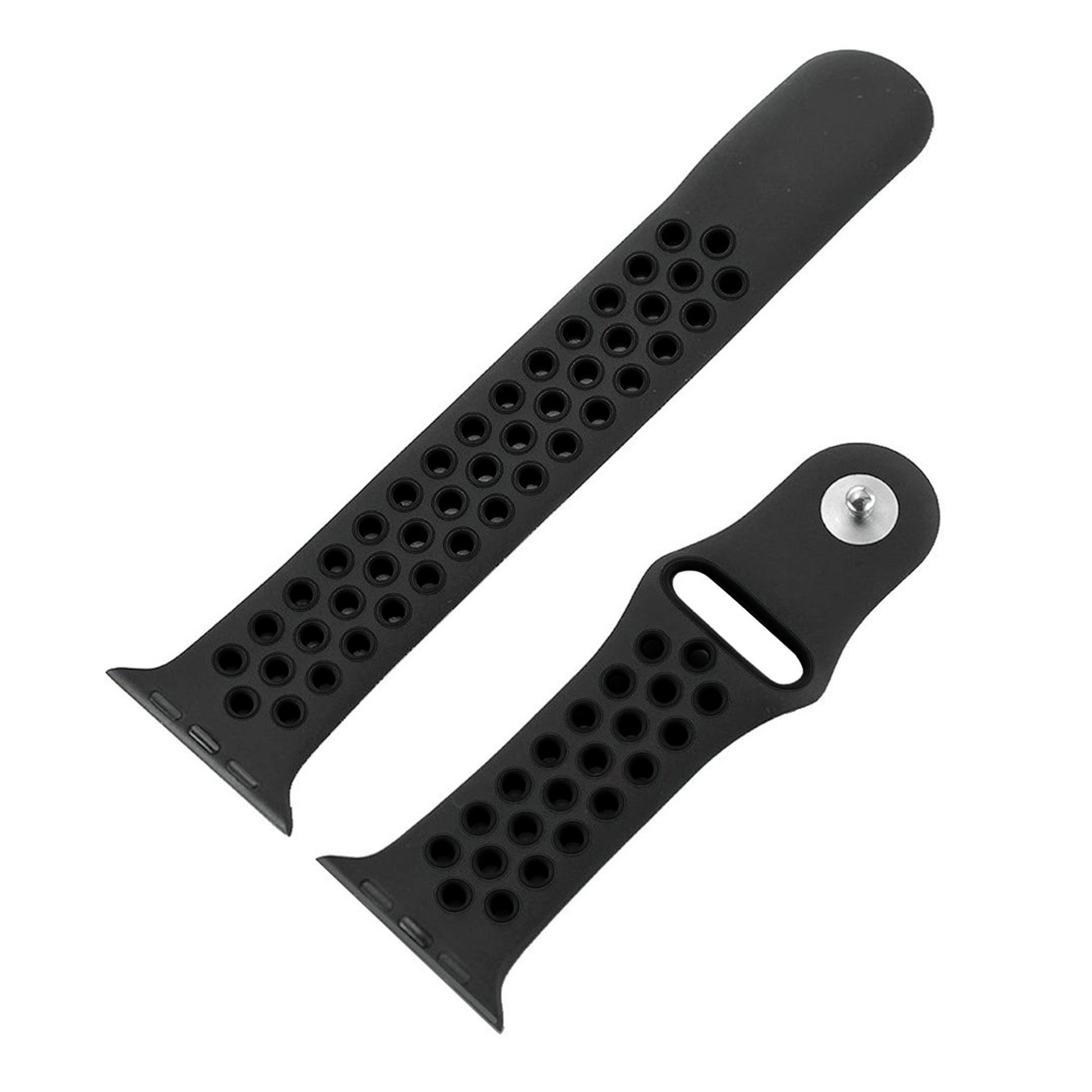 Dual tone silicone Apple Watch strap in Black and Blue, size 38mm, shown in detached parts view