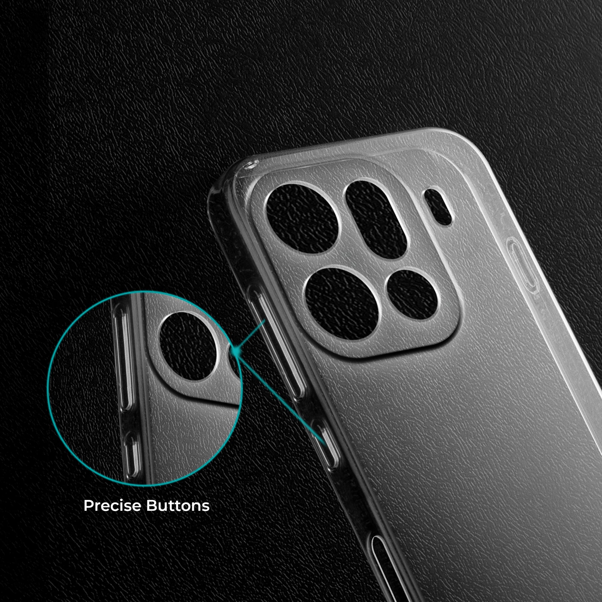 Close-up view of transparent case showing precise button cutouts and responsive side button coverage for Oppo Find X9 Pro 5G