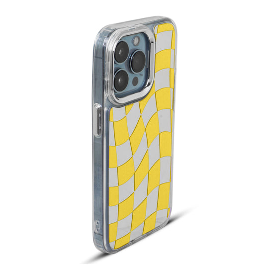 Mirror Checkered Pattern Back Cover with a Fur Pop Socket for Apple iPhone 14 Pro Max