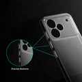 Close-up view of transparent case showing precise button cutouts and responsive side button coverage for Realme P4 5G