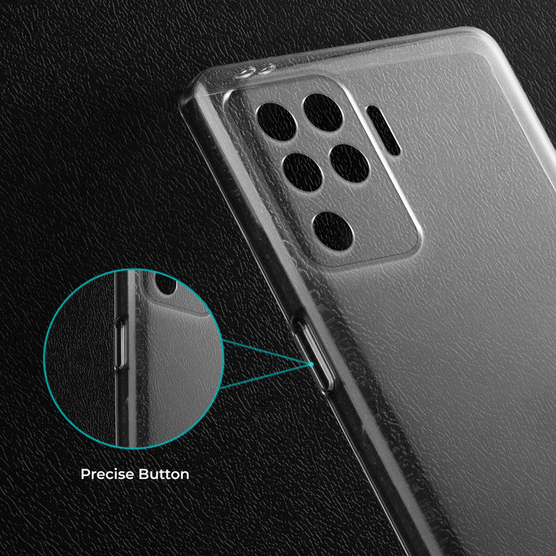 Close-up view of transparent case showing precise button cutouts and responsive side button coverage for Oppo F19 Pro 4G